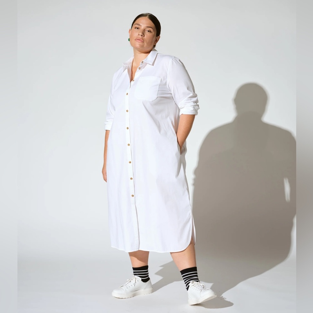 XS (10/12) Universal Standard Odeon Stretch Poplin Midi Shirtdress White Classic